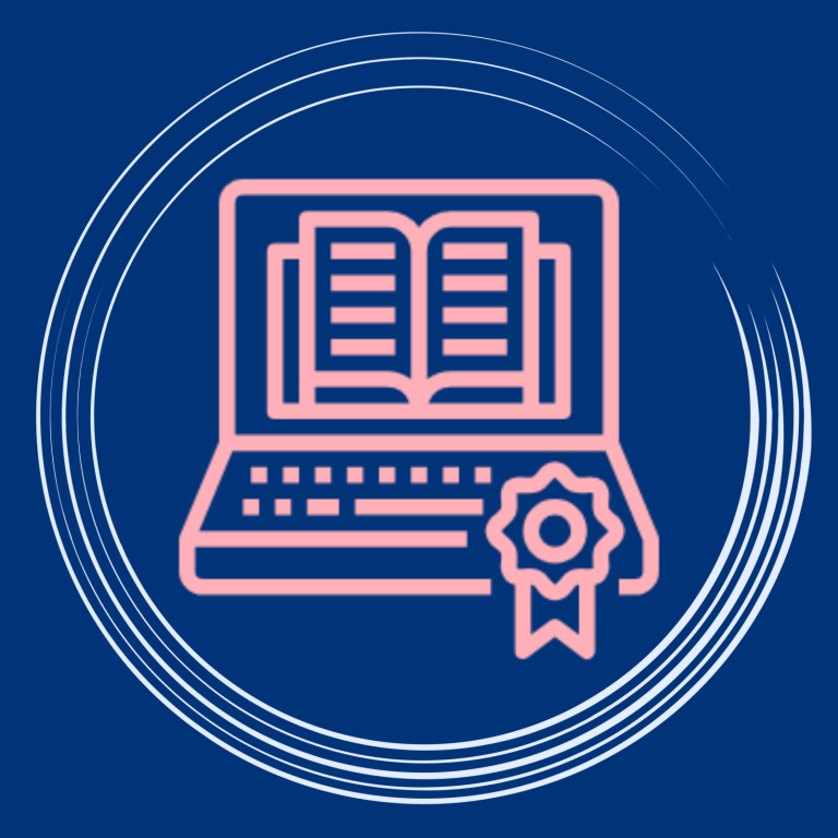 Online-Schulungen & Digitale Produkte Laptop mit aufgeklapptem Buch und einem Zertifikat-Symbol darauf für den Erfolgreichen Abschluss einer Online-Schulungen Digitale Produktes