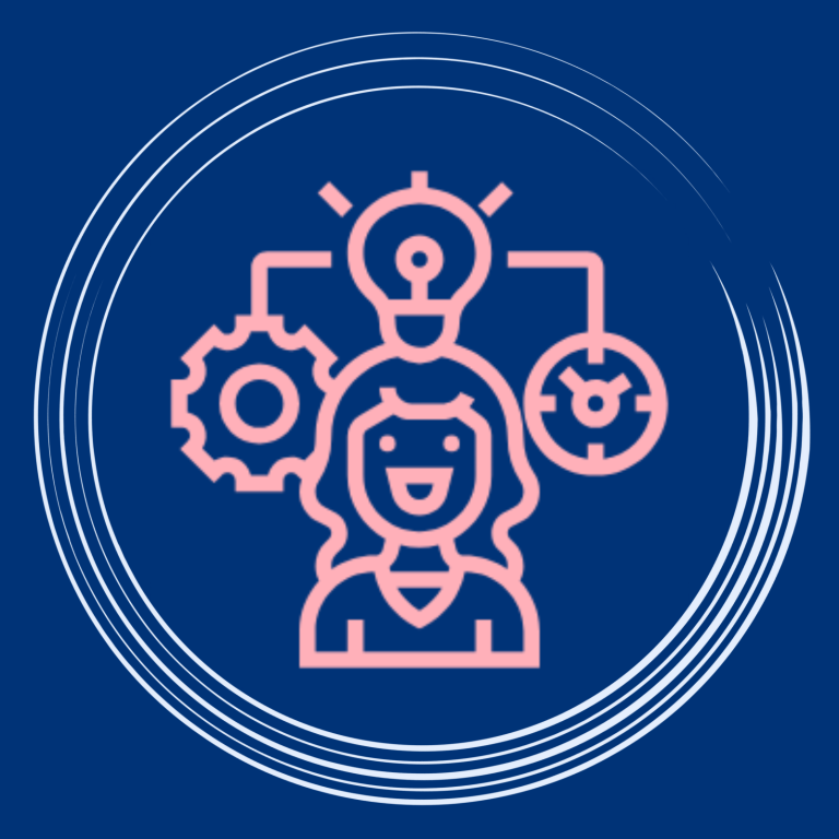 Illustration einer Person mit Glühbirne und Zahnrädern, die Kreativität und Innovation symbolisiert.