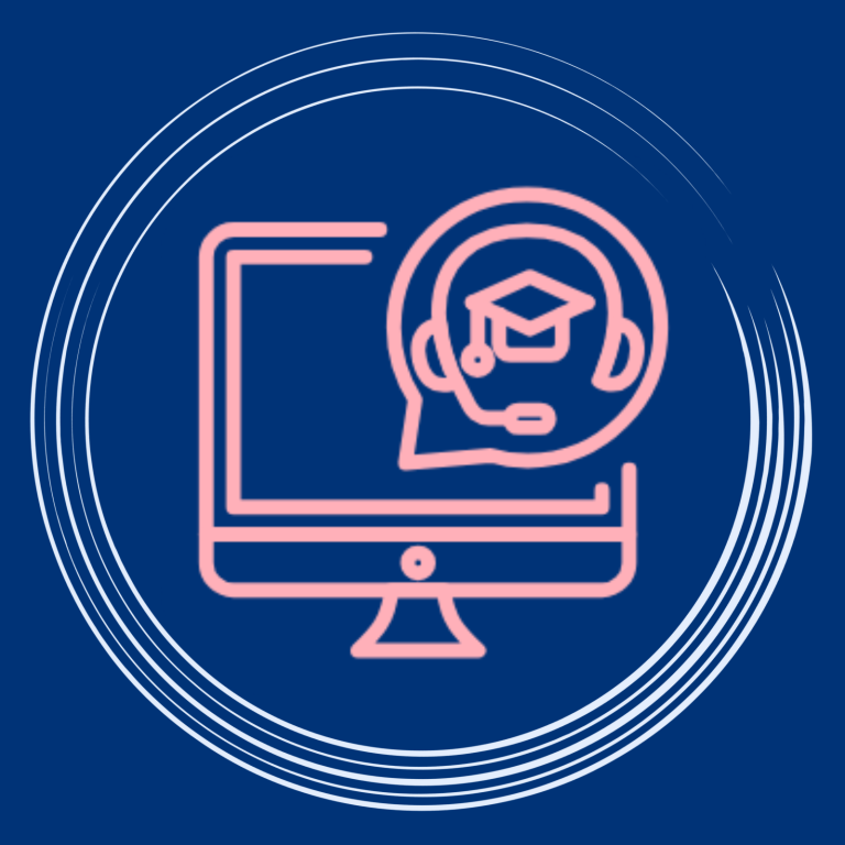 Symbol eines Computers mit einem Headset und einer Sprechblase, die Bildung darstellt.