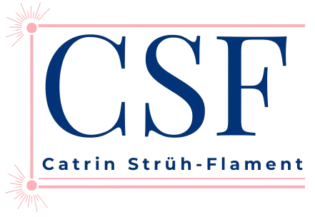 Logo von Catrin Strüh-Fragment mit den Buchstaben CSF in Blau und einem rosa Rahmen.